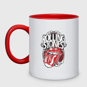Кружка двухцветная с принтом The Rolling Stones в Новосибирске, керамика | объем — 330 мл, диаметр — 80 мм. Цветная ручка и кайма сверху, в некоторых цветах — вся внутренняя часть | the rolling stones | бродяги | вольные странники | группа | катящиеся камни | кит ричардс | мик джаггер | рок | рок н ролл | ролинг | роллинг | рон вуд | стоун | стоунз | стоунс | чарли уоттс