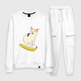 Женский костюм хлопок с принтом Cat no banana в Новосибирске, 100% хлопок | на свитшоте круглая горловина, мягкая резинка по низу. Брюки заужены к низу, на них два вида карманов: два 