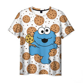 Мужская футболка 3D с принтом Cookie monster в Новосибирске, 100% полиэфир | прямой крой, круглый вырез горловины, длина до линии бедер | cookie | cookiemonster | delicious | eat | monster | yummy | еда | куки | кукимонстр | монстр | печенье | сладости | улица | улицасезам