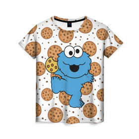 Женская футболка 3D с принтом Cookie monster в Новосибирске, 100% полиэфир ( синтетическое хлопкоподобное полотно) | прямой крой, круглый вырез горловины, длина до линии бедер | cookie | cookiemonster | delicious | eat | monster | yummy | еда | куки | кукимонстр | монстр | печенье | сладости | улица | улицасезам