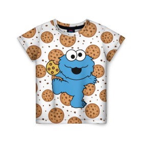 Детская футболка 3D с принтом Cookie monster в Новосибирске, 100% гипоаллергенный полиэфир | прямой крой, круглый вырез горловины, длина до линии бедер, чуть спущенное плечо, ткань немного тянется | Тематика изображения на принте: cookie | cookiemonster | delicious | eat | monster | yummy | еда | куки | кукимонстр | монстр | печенье | сладости | улица | улицасезам
