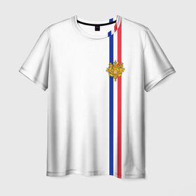 Мужская футболка 3D с принтом Франция, лента с гербом в Новосибирске, 100% полиэфир | прямой крой, круглый вырез горловины, длина до линии бедер | fr | fra | france | герб | государство | знак | надпись | париж | патриот | полосы | республика | символ | страна | флаг | флага | франция | француз | французская | французский | французы | цвета
