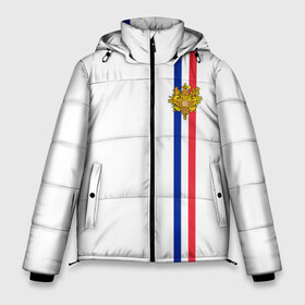 Мужская зимняя куртка 3D с принтом Франция лента с гербом в Новосибирске, верх — 100% полиэстер; подкладка — 100% полиэстер; утеплитель — 100% полиэстер | длина ниже бедра, свободный силуэт Оверсайз. Есть воротник-стойка, отстегивающийся капюшон и ветрозащитная планка. 

Боковые карманы с листочкой на кнопках и внутренний карман на молнии. | fr | fra | france | герб | государство | знак | надпись | париж | патриот | полосы | республика | символ | страна | флаг | флага | франция | француз | французская | французский | французы | цвета