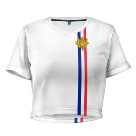 Женская футболка 3D укороченная с принтом Франция, лента с гербом в Новосибирске, 100% полиэстер | круглая горловина, длина футболки до линии талии, рукава с отворотами | fr | fra | france | герб | государство | знак | надпись | париж | патриот | полосы | республика | символ | страна | флаг | флага | франция | француз | французская | французский | французы | цвета