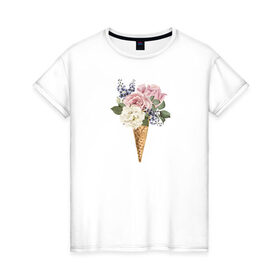 Женская футболка хлопок с принтом Цветочное мороженое в Новосибирске, 100% хлопок | прямой крой, круглый вырез горловины, длина до линии бедер, слегка спущенное плечо | 