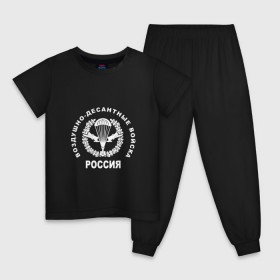 Детская пижама хлопок с принтом Шеврон ВДВ (двусторонний) в Новосибирске, 100% хлопок |  брюки и футболка прямого кроя, без карманов, на брюках мягкая резинка на поясе и по низу штанин
 | Тематика изображения на принте: армейка | армия | вдв | вдвшник | воздушно | войска | герб | двуглавый | десант | десантник | десантные | десантура | орел. надпись | россии | российский | россия | русский | рф | служба