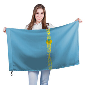 Флаг 3D с принтом Казахстан, лента с гербом в Новосибирске, 100% полиэстер | плотность ткани — 95 г/м2, размер — 67 х 109 см. Принт наносится с одной стороны | kaz | kazakhstan | kz | герб | казахстан | орнамент | флаг