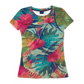 Женская футболка 3D с принтом Тропический в Новосибирске, 100% полиэфир ( синтетическое хлопкоподобное полотно) | прямой крой, круглый вырез горловины, длина до линии бедер | весна | джунгли | для весны | для лета | лес | лето | листья | текстура | тропики | цветы