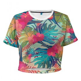 Женская футболка 3D укороченная с принтом Тропический в Новосибирске, 100% полиэстер | круглая горловина, длина футболки до линии талии, рукава с отворотами | весна | джунгли | для весны | для лета | лес | лето | листья | текстура | тропики | цветы