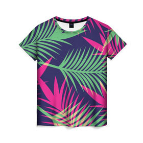 Женская футболка 3D с принтом Листья Пальмы в Новосибирске, 100% полиэфир ( синтетическое хлопкоподобное полотно) | прямой крой, круглый вырез горловины, длина до линии бедер | весна | джунгли | для весны | для лета | лес | лето | листья | текстура | тропики | тропический | цветы
