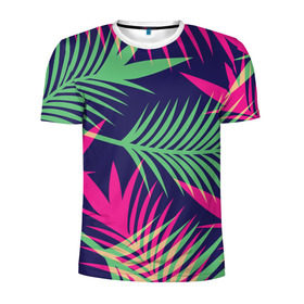 Мужская футболка 3D спортивная с принтом Листья Пальмы в Новосибирске, 100% полиэстер с улучшенными характеристиками | приталенный силуэт, круглая горловина, широкие плечи, сужается к линии бедра | Тематика изображения на принте: весна | джунгли | для весны | для лета | лес | лето | листья | текстура | тропики | тропический | цветы