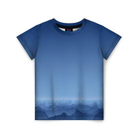 Детская футболка 3D с принтом Blue Mountains в Новосибирске, 100% гипоаллергенный полиэфир | прямой крой, круглый вырез горловины, длина до линии бедер, чуть спущенное плечо, ткань немного тянется | Тематика изображения на принте: вид | горы | ночь | пейзаж | природа | синий | скалы | сумерки | туман | утро