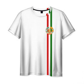 Мужская футболка 3D с принтом Таджикистан, лента с гербом в Новосибирске, 100% полиэфир | прямой крой, круглый вырез горловины, длина до линии бедер | tj | tjk | азия | герб | государство | душанбе | знак | надпись | патриот | полосы | республика | символ | снг | страна | таджик | таджики | таджикистан | таджичка | флаг | флага | худжанд | цвета