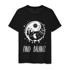 Мужская футболка хлопок с принтом Find balance в Новосибирске, 100% хлопок | прямой крой, круглый вырез горловины, длина до линии бедер, слегка спущенное плечо. | balance | moon | nature | positive | stars | sun | vibes | баланс | гармония | звезды | инь | луна | небо | природа | символ | солнце | ян