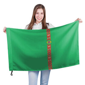 Флаг 3D с принтом Туркменистан, лента с гербом в Новосибирске, 100% полиэстер | плотность ткани — 95 г/м2, размер — 67 х 109 см. Принт наносится с одной стороны | tkm | tm | trkmenistan | азия | ашхабад | герб | государство | знак | надпись | патриот | полосы | республика | символ | снг | страна | туркмен | туркменистан | туркмения | флаг | флага | цвета
