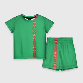 Детский костюм с шортами 3D с принтом Туркменистан, лента с гербом в Новосибирске,  |  | tkm | tm | trkmenistan | азия | ашхабад | герб | государство | знак | надпись | патриот | полосы | республика | символ | снг | страна | туркмен | туркменистан | туркмения | флаг | флага | цвета