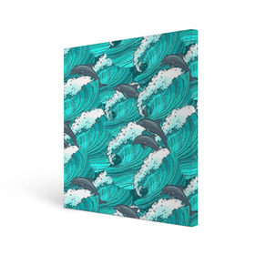 Холст квадратный с принтом Дельфины в Новосибирске, 100% ПВХ |  | dolphins | fish | ocean | pattern | sea | summer | waves | волны | дельфины | лето | море | океан | паттерн | рыбы