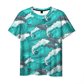 Мужская футболка 3D с принтом Дельфины в Новосибирске, 100% полиэфир | прямой крой, круглый вырез горловины, длина до линии бедер | dolphins | fish | ocean | pattern | sea | summer | waves | волны | дельфины | лето | море | океан | паттерн | рыбы