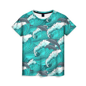 Женская футболка 3D с принтом Дельфины в Новосибирске, 100% полиэфир ( синтетическое хлопкоподобное полотно) | прямой крой, круглый вырез горловины, длина до линии бедер | dolphins | fish | ocean | pattern | sea | summer | waves | волны | дельфины | лето | море | океан | паттерн | рыбы
