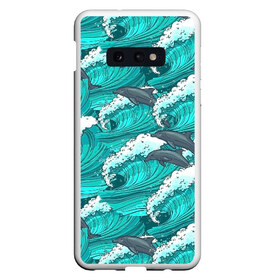 Чехол для Samsung S10E с принтом Дельфины в Новосибирске, Силикон | Область печати: задняя сторона чехла, без боковых панелей | dolphins | fish | ocean | pattern | sea | summer | waves | волны | дельфины | лето | море | океан | паттерн | рыбы