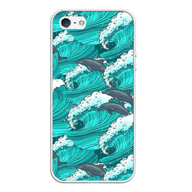 Чехол для iPhone 5/5S матовый с принтом Дельфины в Новосибирске, Силикон | Область печати: задняя сторона чехла, без боковых панелей | dolphins | fish | ocean | pattern | sea | summer | waves | волны | дельфины | лето | море | океан | паттерн | рыбы