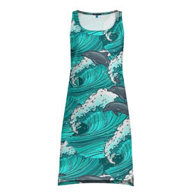Платье-майка 3D с принтом Дельфины в Новосибирске, 100% полиэстер | полуприлегающий силуэт, широкие бретели, круглый вырез горловины, удлиненный подол сзади. | dolphins | fish | ocean | pattern | sea | summer | waves | волны | дельфины | лето | море | океан | паттерн | рыбы