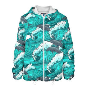 Мужская куртка 3D с принтом Дельфины в Новосибирске, ткань верха — 100% полиэстер, подклад — флис | прямой крой, подол и капюшон оформлены резинкой с фиксаторами, два кармана без застежек по бокам, один большой потайной карман на груди. Карман на груди застегивается на липучку | Тематика изображения на принте: dolphins | fish | ocean | pattern | sea | summer | waves | волны | дельфины | лето | море | океан | паттерн | рыбы