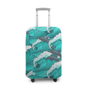 Чехол для чемодана 3D с принтом Дельфины в Новосибирске, 86% полиэфир, 14% спандекс | двустороннее нанесение принта, прорези для ручек и колес | dolphins | fish | ocean | pattern | sea | summer | waves | волны | дельфины | лето | море | океан | паттерн | рыбы
