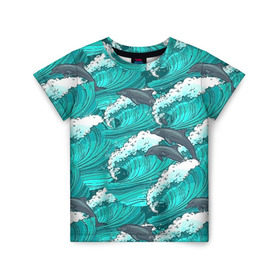 Детская футболка 3D с принтом Дельфины в Новосибирске, 100% гипоаллергенный полиэфир | прямой крой, круглый вырез горловины, длина до линии бедер, чуть спущенное плечо, ткань немного тянется | Тематика изображения на принте: dolphins | fish | ocean | pattern | sea | summer | waves | волны | дельфины | лето | море | океан | паттерн | рыбы