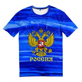 Мужская футболка 3D с принтом RUSSIA в Новосибирске, 100% полиэфир | прямой крой, круглый вырез горловины, длина до линии бедер | abstraction | grunge | russia | sport | абстракция | герб | краска | русский | символика рф | спорт | спортивный | триколор | униформа | форма | я русский