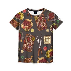Женская футболка 3D с принтом Вкуснятина в Новосибирске, 100% полиэфир ( синтетическое хлопкоподобное полотно) | прямой крой, круглый вырез горловины, длина до линии бедер | Тематика изображения на принте: барбекю | еда | кулинария | мясо | повар | стейк | шашлык