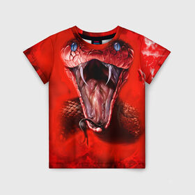 Детская футболка 3D с принтом Red Snake в Новосибирске, 100% гипоаллергенный полиэфир | прямой крой, круглый вырез горловины, длина до линии бедер, чуть спущенное плечо, ткань немного тянется | Тематика изображения на принте: art | halloween | snake | арт | змея | клыки | красная | мамба | хэллоуин | яд