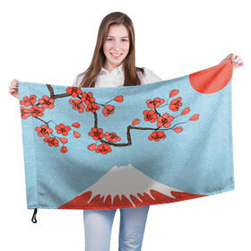Флаг 3D с принтом Гора Фудзияма в Новосибирске, 100% полиэстер | плотность ткани — 95 г/м2, размер — 67 х 109 см. Принт наносится с одной стороны | Тематика изображения на принте: белый | вершина | вишня | зима | красный | сакура | синий | снег | япония