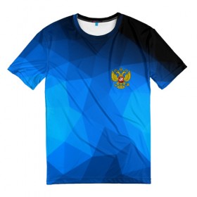Мужская футболка 3D с принтом Russia lowpoly collection blue в Новосибирске, 100% полиэфир | прямой крой, круглый вырез горловины, длина до линии бедер | abstraction | grunge | russia | sport | абстракция | герб | краска | русский | символика рф | спорт | спортивный | триколор | униформа | форма | я русский