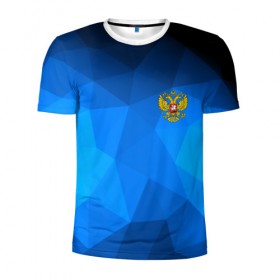 Мужская футболка 3D спортивная с принтом Russia lowpoly collection blue в Новосибирске, 100% полиэстер с улучшенными характеристиками | приталенный силуэт, круглая горловина, широкие плечи, сужается к линии бедра | Тематика изображения на принте: abstraction | grunge | russia | sport | абстракция | герб | краска | русский | символика рф | спорт | спортивный | триколор | униформа | форма | я русский