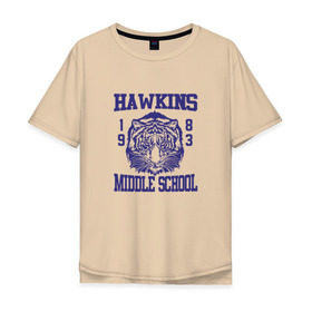 Мужская футболка хлопок Oversize с принтом Hawkins middle school в Новосибирске, 100% хлопок | свободный крой, круглый ворот, “спинка” длиннее передней части | hawkins | stranger things | очень странные дела | хоукинс