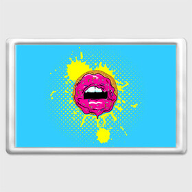 Магнит 45*70 с принтом Donut lips в Новосибирске, Пластик | Размер: 78*52 мм; Размер печати: 70*45 | Тематика изображения на принте: donut | kiss | lips | pop art | splash | sweet | брызги | губы | пончик | поп арт