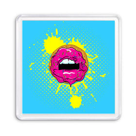 Магнит 55*55 с принтом Donut lips в Новосибирске, Пластик | Размер: 65*65 мм; Размер печати: 55*55 мм | Тематика изображения на принте: donut | kiss | lips | pop art | splash | sweet | брызги | губы | пончик | поп арт
