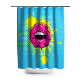 Штора 3D для ванной с принтом Donut lips в Новосибирске, 100% полиэстер | плотность материала — 100 г/м2. Стандартный размер — 146 см х 180 см. По верхнему краю — пластиковые люверсы для креплений. В комплекте 10 пластиковых колец | Тематика изображения на принте: donut | kiss | lips | pop art | splash | sweet | брызги | губы | пончик | поп арт