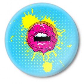 Значок с принтом Donut lips в Новосибирске,  металл | круглая форма, металлическая застежка в виде булавки | Тематика изображения на принте: donut | kiss | lips | pop art | splash | sweet | брызги | губы | пончик | поп арт