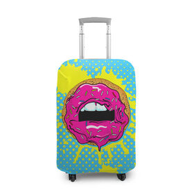 Чехол для чемодана 3D с принтом Donut lips в Новосибирске, 86% полиэфир, 14% спандекс | двустороннее нанесение принта, прорези для ручек и колес | Тематика изображения на принте: donut | kiss | lips | pop art | splash | sweet | брызги | губы | пончик | поп арт