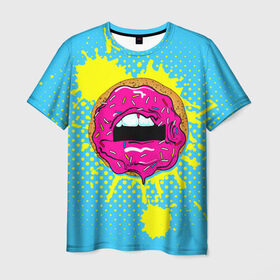 Мужская футболка 3D с принтом Donut lips в Новосибирске, 100% полиэфир | прямой крой, круглый вырез горловины, длина до линии бедер | donut | kiss | lips | pop art | splash | sweet | брызги | губы | пончик | поп арт