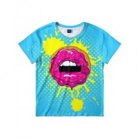 Детская футболка 3D с принтом Donut lips в Новосибирске, 100% гипоаллергенный полиэфир | прямой крой, круглый вырез горловины, длина до линии бедер, чуть спущенное плечо, ткань немного тянется | Тематика изображения на принте: donut | kiss | lips | pop art | splash | sweet | брызги | губы | пончик | поп арт