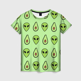 Женская футболка 3D с принтом Green в Новосибирске, 100% полиэфир ( синтетическое хлопкоподобное полотно) | прямой крой, круглый вырез горловины, длина до линии бедер | alien | food | vegetarian | авокадо | вегетарианство | еда | пришелец