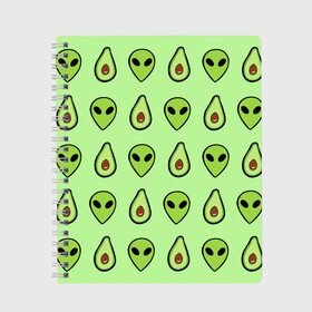 Тетрадь с принтом Green в Новосибирске, 100% бумага | 48 листов, плотность листов — 60 г/м2, плотность картонной обложки — 250 г/м2. Листы скреплены сбоку удобной пружинной спиралью. Уголки страниц и обложки скругленные. Цвет линий — светло-серый
 | alien | food | vegetarian | авокадо | вегетарианство | еда | пришелец