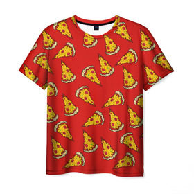 Мужская футболка 3D с принтом Pizza red в Новосибирске, 100% полиэфир | прямой крой, круглый вырез горловины, длина до линии бедер | Тематика изображения на принте: fast food | pizza | еда | пицца | фастфуд