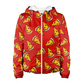 Женская куртка 3D с принтом Pizza red в Новосибирске, ткань верха — 100% полиэстер, подклад — флис | прямой крой, подол и капюшон оформлены резинкой с фиксаторами, два кармана без застежек по бокам, один большой потайной карман на груди. Карман на груди застегивается на липучку | Тематика изображения на принте: fast food | pizza | еда | пицца | фастфуд
