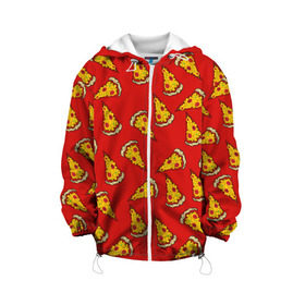 Детская куртка 3D с принтом Pizza red в Новосибирске, 100% полиэстер | застежка — молния, подол и капюшон оформлены резинкой с фиксаторами, по бокам — два кармана без застежек, один потайной карман на груди, плотность верхнего слоя — 90 г/м2; плотность флисового подклада — 260 г/м2 | Тематика изображения на принте: fast food | pizza | еда | пицца | фастфуд