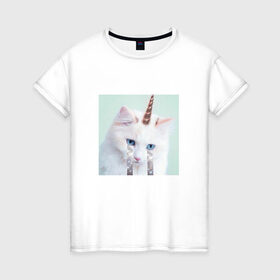 Женская футболка хлопок с принтом котик единорог в Новосибирске, 100% хлопок | прямой крой, круглый вырез горловины, длина до линии бедер, слегка спущенное плечо | владивосток | единорожек | кот | пушистик | радуга | самара | свэг | слезки