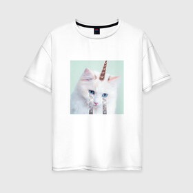 Женская футболка хлопок Oversize с принтом котик единорог в Новосибирске, 100% хлопок | свободный крой, круглый ворот, спущенный рукав, длина до линии бедер
 | владивосток | единорожек | кот | пушистик | радуга | самара | свэг | слезки